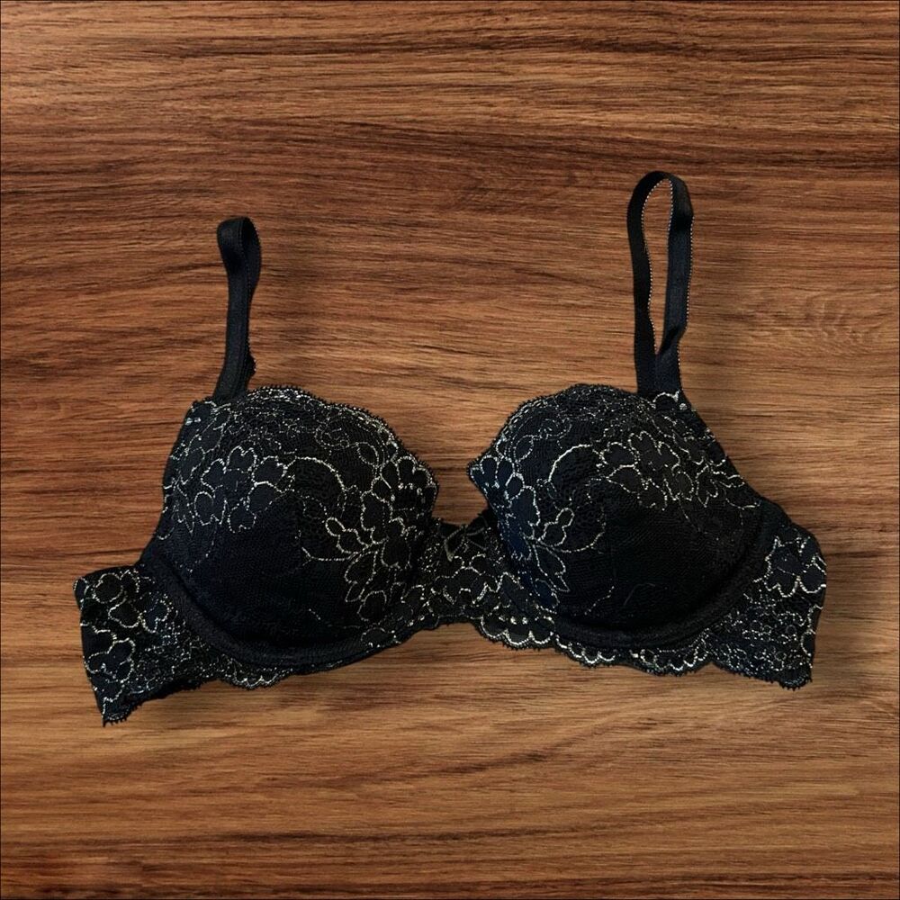 Victoria’s Secret Dream Angels Black Metallic Lace Push-Up Bra 32B